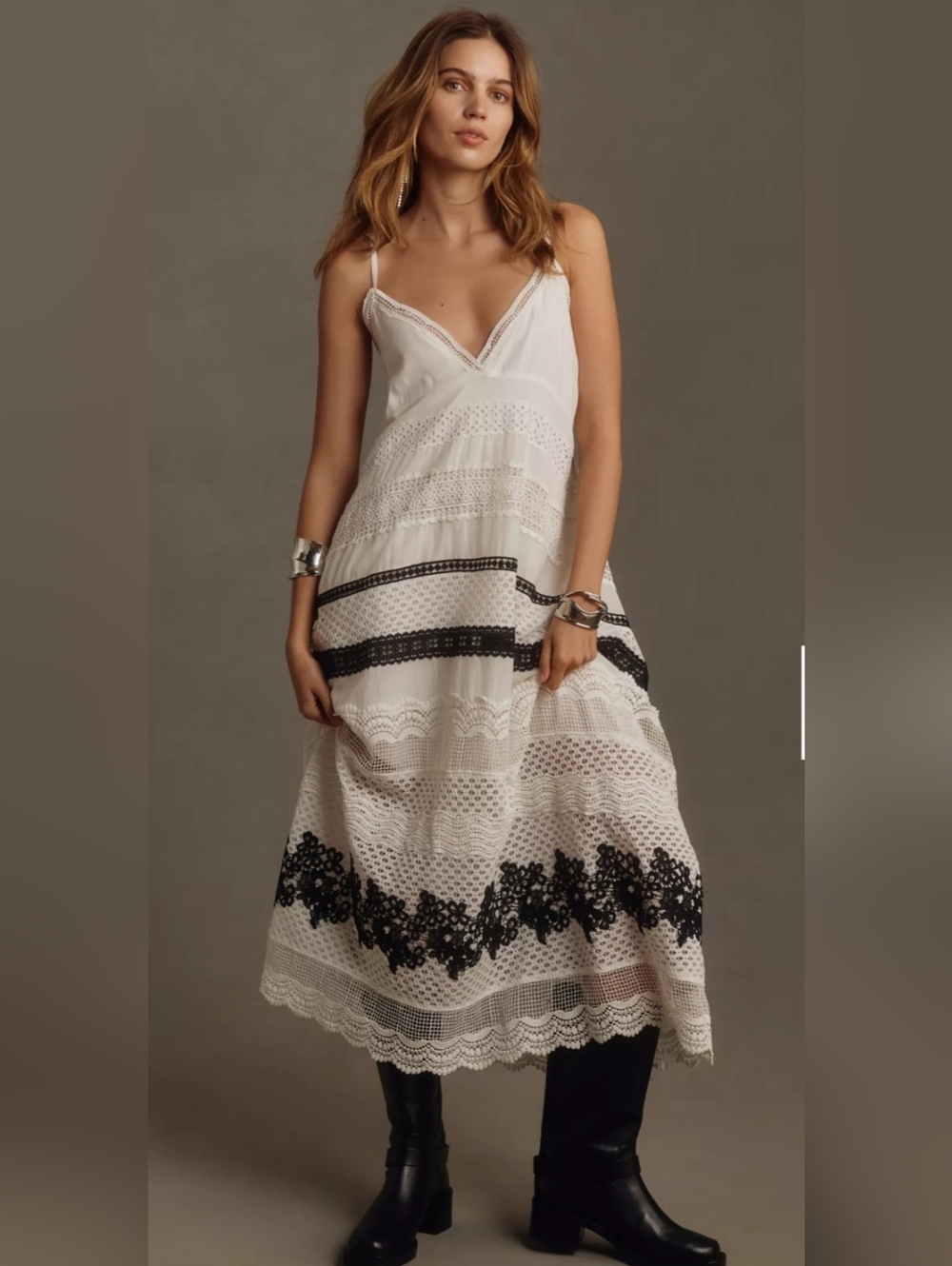 Anthropologie White Maxi Dress with Black Lace Accents